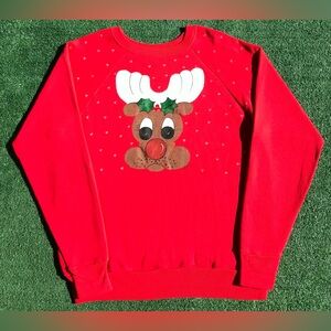 VTG 80’s Hand Painted Rudolph Reindeer Christmas Holiday Sweatshirt Women Large